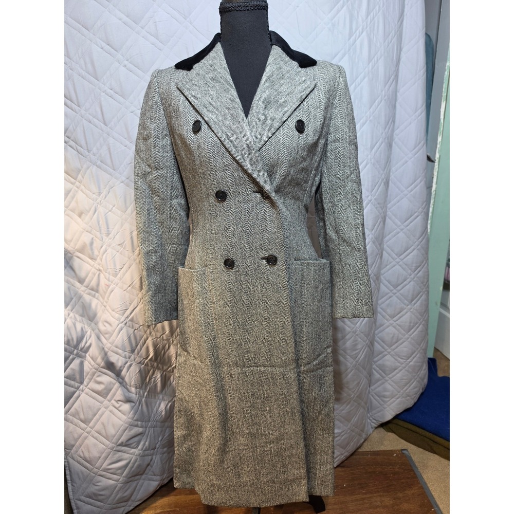 Bonwit Teller Vintage Grey Herringbone Velvet Collar Double Breasted Coat Womens